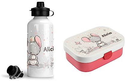 wolga-kreativ Set personalisierte Mepal Campus Lunchbox Kinder Mädchen Junge und Kinderflasche Maus mit Fächern und Unterteilungen Frühstücksset für Schule und Kindergarten