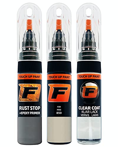 FIRANTO Kit de Pintura de Retoque Coche para Mini 850 Pepper (Old English) White, Set de Reparación de Rayones y Arañazos Incluye 15 ml Bolígrafo para Retocar Pintura Coche, Primer y Barniz
