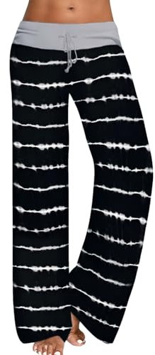 AMYTIS Damen Yogahose Stretch Freizeithose Bequeme Pyjamahose Schlafanzughose Lang Leichte Lounge Hose Hausanzug Hosen Relaxhose Fitness Sommer Weites Bein,Blackline,M