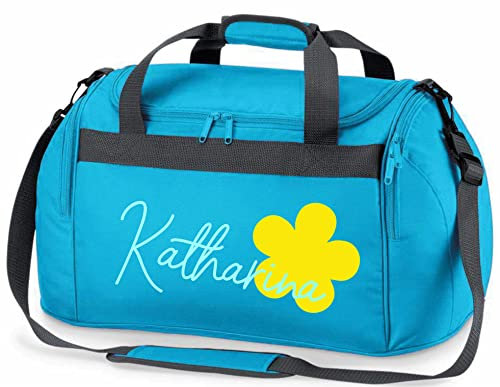 Kinder-Sporttasche mit Blume & Namen | INKL. Namensdruck | Personalisieren & Bedrucken | Reisetasche zum Umhängen (türkis)