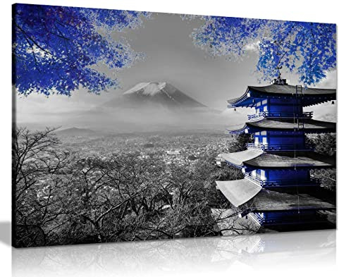Japanese Temple In Autumn Black White Blue Canvas Wall Art Picture Print Home Decor 91x61cm (36x24in)