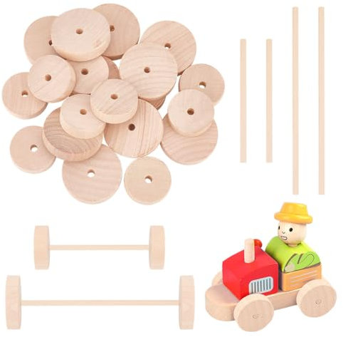 OLYCRAFT 20 Stück Holzräder und 20 Stück Holzstäbchen Ungefinkelte Holzräder mit Holzstäbchen Holzbastelräder Reifen mit 5mm Löchern für DIY Modellautos Holzbastelprojekte - 35mm & 45mm