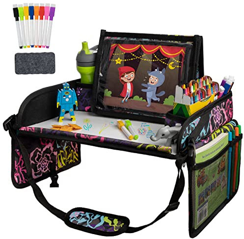 Lusso Gear Reisetisch Auto Kinder mit Schreibtafel | Unverzichtbare Reisebegleiter | Knietablett Kinder Auto | Tablet-Halter | Getränkehalter | Spielzeugaufbewahrung | Flugzeug und Autositze (Blumen)