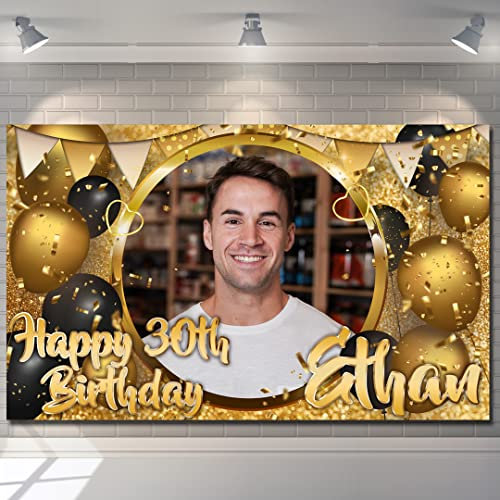 Happy Birthday Backdrop Background Banner Photo Personalised Black and Gold Sign Poster Fabric Glitter Cloth Curtain Party Decorations man woman any name and age