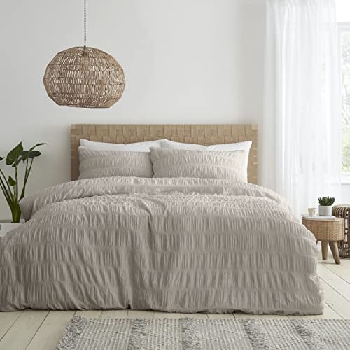 Catherine Lansfield Seersucker Bettwäsche-Set mit Kissenbezügen für King-Size-Bett, Natur