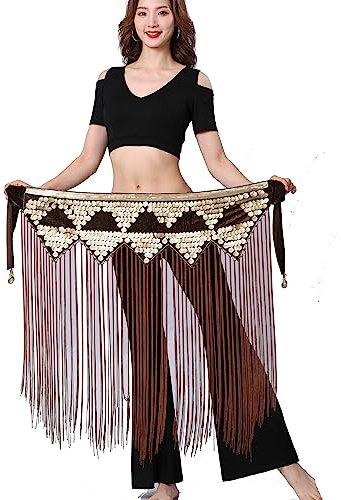 ZLTdream Tribal Bauchtanz Hüfttuch Fransen Gürtel Wickelrock mit Traingle Glitzer Pailletten für Frauen Outfit Zubehör Kostüm, Kaffee, Einheitsgröße