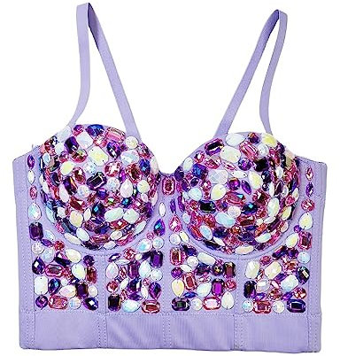 TatbUL Corset,Corsé Lila Para Mujer Colorido Faux Crystal Crop Top Fancy Overbust Push Up Corset Bustier Rock Punk Body Shaper Wiast Cincher Boned Bodice Club Nocturno Party Clubwear,M/36B/80