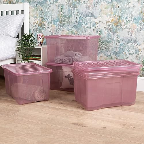 Wham Crystal 5x 60L Plastic Storage Boxes with Lids Tint Dusky Orchid (Pink). Large Size, Strong (Pack of 5, 60 Litre). Made in the UK
