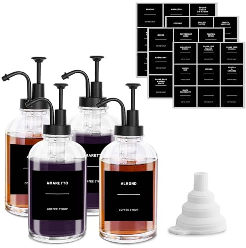 sunal Kaffee Sirup Spender Glas Set,500ml/16,9 oz Sirup Spender,4er Pack Schwarz Sirup Pump Spender Flasche,Honig Spender mit 36 wasserdichten Etiketten und 1 Silikon Trichter für Küche Kaffee Bar