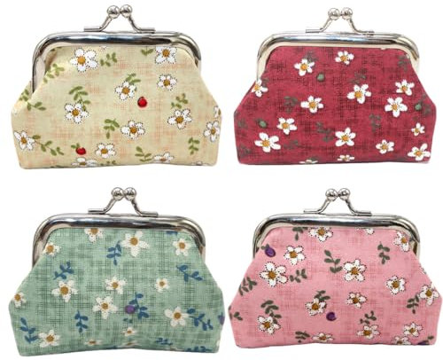 4 Packs Pièce Poche Canvas Double Porte-Monnaie Rose Motif Fermoir Fermoir Portefeuille Cadeau Femmes Porte-Monnaie Rétro Sac à Main Embrayage Pochette Rond en Toile Coin Purse Titulaire fleur