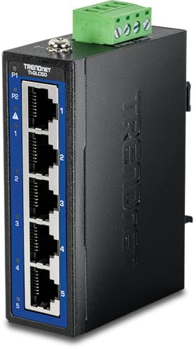 TRENDnet 5-Port Industrial Gigabit DIN-Rail Mini Switch, TI-GLC50, 5 x Gigabit-Ports, Extreme Temperatur IP30, 10Gbps Switch-Kapazität, Schwarz
