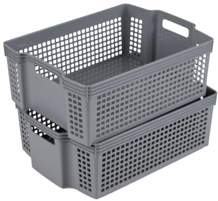 Kiddream 2 Pack Plastic Stackable Storage Baskets, Large Organizer Baskets Bins, Grey