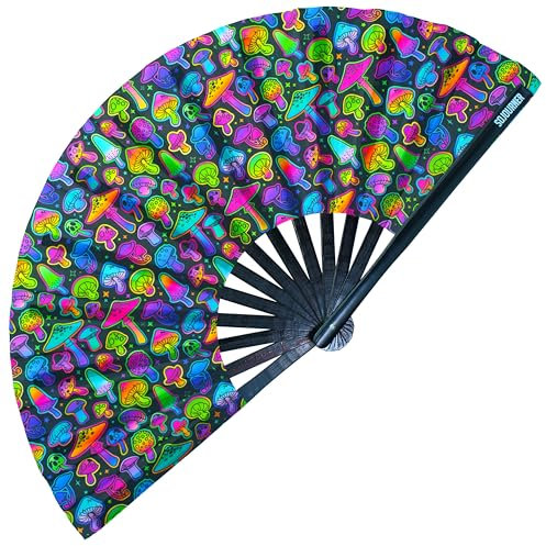 SoJourner Bags Psychedelic Mushroom Rave Fan - Large Folding Clack Fan for Men and Women - Rave Accessories for EDM, Line Dancing, Cosplay, Concerts and More
