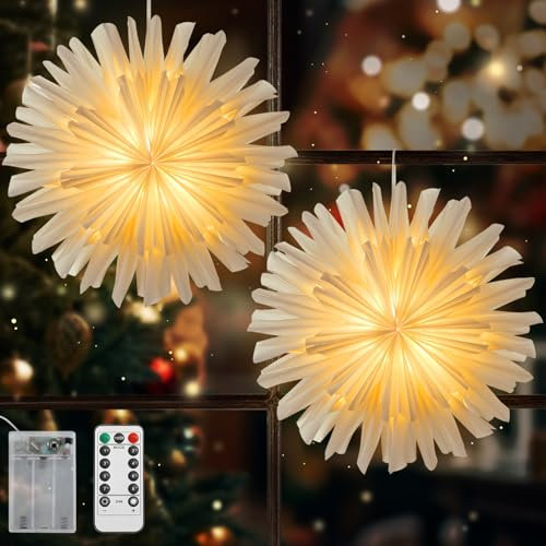 Lewondr Papier Stern Dekoration 2 Packungen, Weihnachten Papier Stern Laterne mit Fernbedienung, Led Papierstern Lampenschirm Sterne mit 6H Timer, Weihnachten Laterne Lichter für Home Decoration