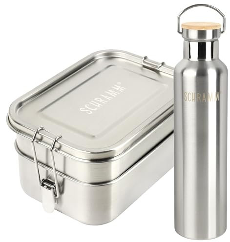 Schramm® Lunchbox und Trinkflasche Edelstahl im Set Thermosflasche Edelstahl Trinkflasche 750ml Brotdose Thermoflasche 1340ml Lunch-Set Metall