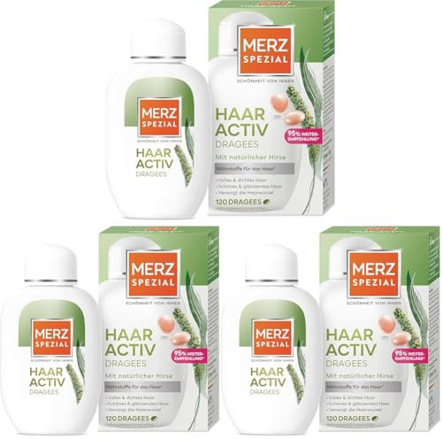 Merz Spezial Haar-Activ Dragees – Haar Vitamine für gesundes, volles & glänzendes Haar – Nahrungsergänzungsmittel mit Biotin, Zink & natürlicher Hirse – 1 x 120 Dragees (Packung mit 3)