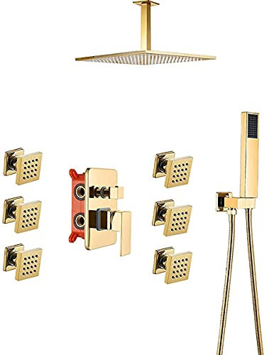 JDSHFEN Sistema de Ducha Juego de Ducha Dorado con 6 chorros de Masaje Montaje en Techo de latón Ducha de Lluvia Columna de Ducha Monomando Accesorio de Ducha con,
