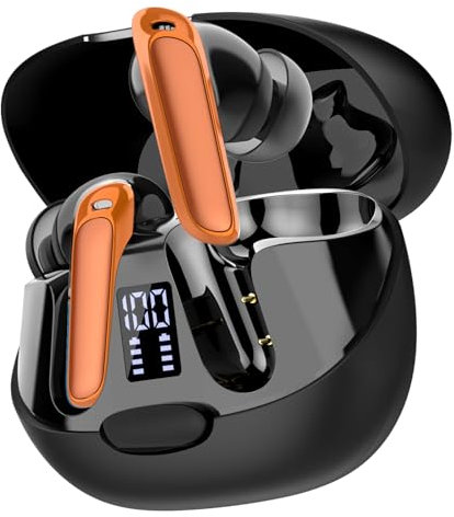 Cuffie Bluetooth, Auricolari Bluetooth 5.3 HiFi Stereo con ENC Cancellazione Rumore Mic, 48Ore Cuffie Senza Fili con Display LED, IPX7 Impermeabili Cuffiette, Cuffie Wireless In Ear per Sport, Giallo