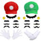 BOOSHMall Mari Kostüm Accessories Karneval, Mari und Luig Kostüm Mütze Handschuhe Bart gelbe Knöpfe, Cosplay Kostüm Accessorie für Faschingkostüme Damen Herren Kind Halloween Outfits Karneval