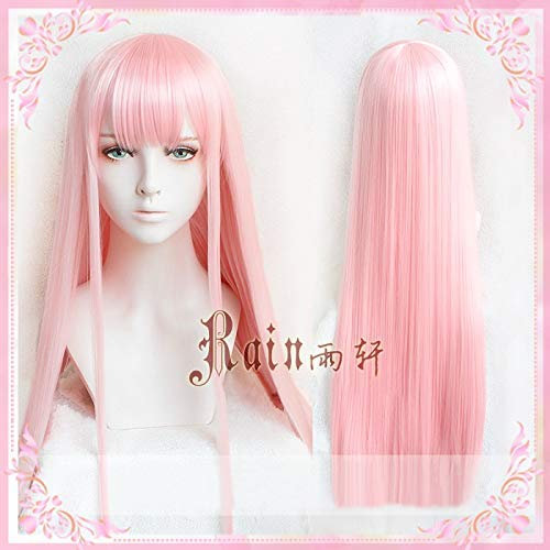 Anime DARLING IN THE FRANXX 02 Zero Two 100 cm lange rosa Kunsthaar-Cosplay-Kostüm-Perücke + Horn-Haarband + Perückenkappe