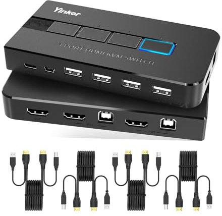 Yinker 4K HDMI KVM Switch 4 Port, 4K@60Hz USB KVM Switch HDMI for 4 Computers 1 Monitor Keyboard Mouse, with 4 USB2.0 Hubs, Including 4-Pack KVM Cables