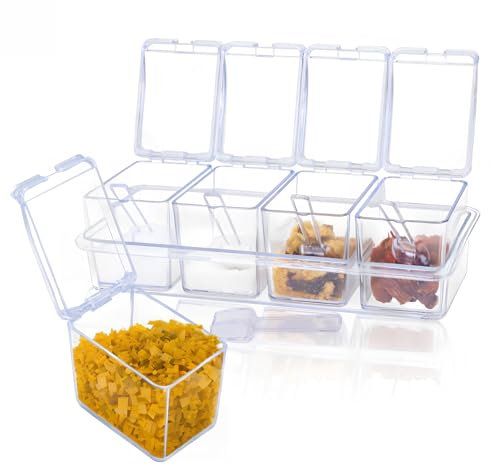 IEMIEBSHA 4 Piece Clear Spice Jars, Seasoning Box Spice Rack Storage Container, Spice Pots Condiment Holder with Cover and Spoon for Herbs Spices Salt Sugar