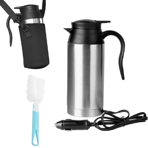 EIMZU 12V Auto Wasserkocher, 750ml, Doppelwand, Leuchtanzeige, Temperaturregelung, Silber und Schwarz