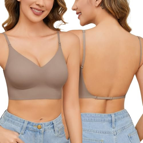 Niwicee BH Damen Ohne Bügel Rückenfreier Plunge BH Push Up Sexy Bügelloser Seamless Nahtloser BHS Soft Tshirt Schlaf Bra V-Ausschnitt Klassische Bar Grau-S