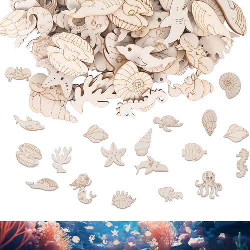 100 Stück Meerestiere Streudeko, Fische Geburtstag Deko Wald Deko Holztiere Streudeko Holzfische Holz Deko Geburtstag Konfetti Holztiere zum Bemalen Hochzeitsdeko (Ozean)