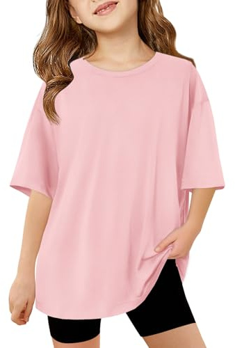 Haloumoning T-shirts filles col rond manches courtes couleur unie décontracté haut de sport pour enfants été chemises surdimensionnées hauts basiques décontractés.