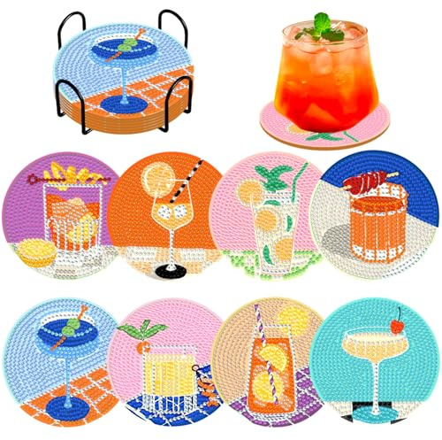 Bellatoi 8 Stück Diamond Painting Untersetzer mit Halter, Cocktail 5D Diamant Painting Untersetzer für Tassen, Weingläser, Heimküche und Geschenke für Feiertagspartys
