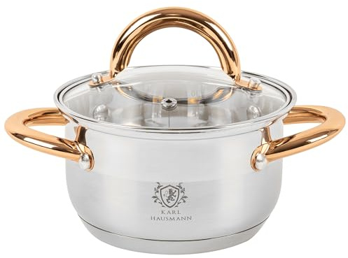 KARL HAUSMANN Edelstahl Topf 1.6 L Ø 16 cm mit Glasdeckel | Kleiner Kochtopf mit Messskala, 1.5 L Nutzvolumen, Ø 16 cm, für Induktion, Gas und Glaskeramik, Spülmaschinenfest