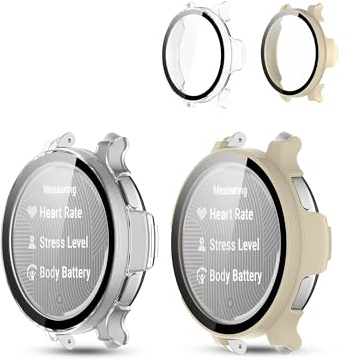 2 Pack,Case for Garmin Lily 2 Active,daunke Ultra Slim Full Coverage Hard PC + Tempered Screen Film Proctective Cover,Shockproof,Scratch Resistant,Sturdy and Durable,Transparent+Ivory white