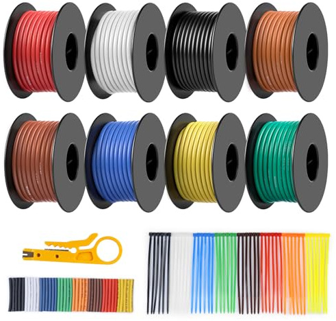 22AWG Silicone Wire Kit 0.3mm², 8 Colours 5m/16.4ft Each, Flexible Tinned Copper Hook Up Wire with Heat Shrink Tubing & Wire Stripper, Stranded Silicone Cable for LED, RC, Automotive & DIY