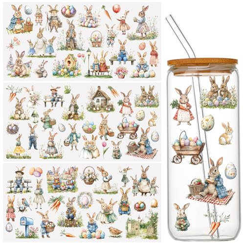 WANDIC 3 Bogen Rub On Sticker Ostern, Frohe Ostern Deko Ostereier Osterhasen Wasserdicht Aufkleber Aquarell Öl Gemälde Stil Handarbeiten Rub Ons Frühling Aufkleber für Glas Keramik Holz Möbel, 15x30cm