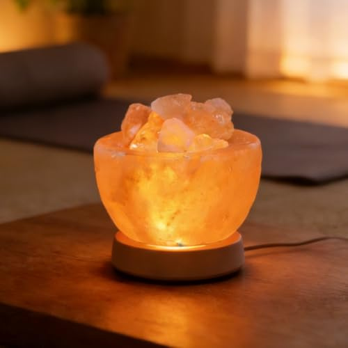 WRQIOO Salzkristalllampe Rund, Salt Lamp, Salzstein Lampe, Beleuchtete Salzkristallschale, Salzkristallleuchte LED aus Echtem Kristallsalz in Naturform für Yoga, Meditation, Spa, Dekoration