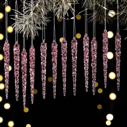 24/36 Stück Acryl hängende Eiszapfen Tropfen Ornament für Weihnachtsbaumschmuck mit praktischem Aufhängen und Acrylmaterial (C)