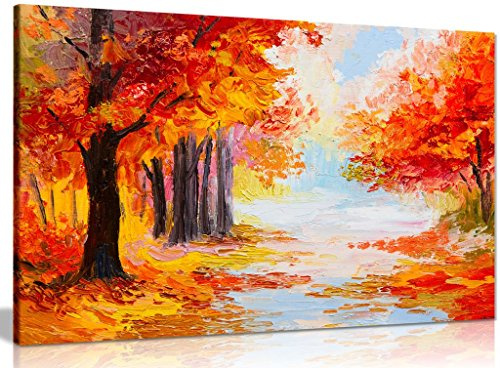 Oil Painting Landscape Colorful Autumn Forest Abstract Canvas Wall Art Picture Print (36x24in)