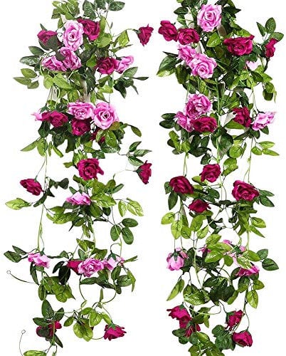 JUSTOYOU 2pcs 7.8FT zweifarbige künstliche gefälschte Rosengirlande Wein hängen Seide Blume künstliche Blume für Außen- und Innenhochzeit Wand schlechte Dekoration (Magenta)