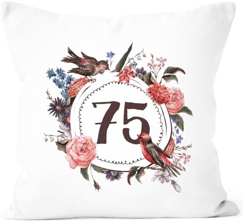 MoonWorks Kissen-Bezug Geburtstag 75 Geschenk-Kissen Blumen Blüten Blumenkranz Bordüre Kissen Weiss Unisize