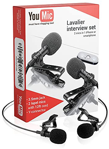 Dual Lavalier Lapel Lav Mic 2 Pack Microphone Set For iPhone X 8 7 Plus 6 6s 5 5s/iOS/Android for Interview, Blog or Podcast