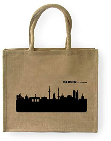 44spaces Große geräumige Einkaufstasche Berlin Skyline - Jute Natur/Schwarz - Stylische Picknick-Tasche Tragetasche zum Einkaufen - Multifunktional Robust Wiederverwendbar Schwere Lasten