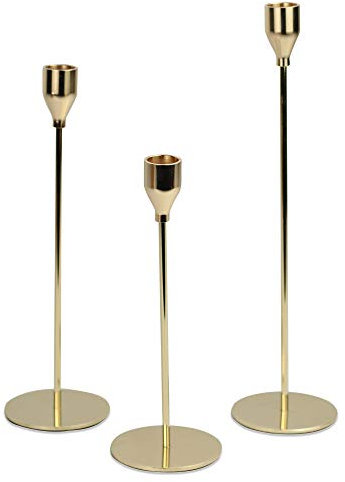 Gold Candlestick Holders Set of 3 – Tall Taper & Pillar Candle Stands – Elegant Metal Centrepieces for Table, Wedding, Fireplace, Home Décor & Housewarming Gift | M&W