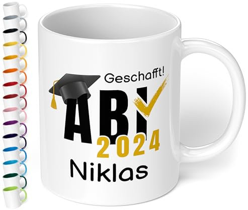 Tasse zum Abitur 2025: „ABI 2025 - Geschafft! Wunschname“ - Kaffeetasse mit Namen personalisiert - Geschenke zum Abitur, Abschlussgeschenk, Geschenk zur bestandenen Prüfung, Weiß