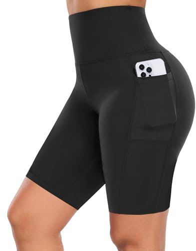 GIMDUMASA Pantalones Cortos Deporte Mujer Cintura Alta Shorts Leggins Pantalones Cortos de Yoga para Correr Gym Fitness Mallas Deportivos con Bolsillos Laterales GI371(Negro,s)