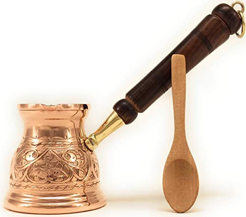 DEDE Copper - 2020-IST Serie (mittel-9.6 fl.oz) dickste massive glänzende Kupferkaffeekanne mit graviertem türkischen, griechischen arabischen Kaffeekanne mit Holzgriff, Herdplatte, Ibrik, Briki