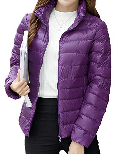 HONGBI Doudoune Légère Femme Courte Veste Duvet à Col Rester Manteau Doudoune Matelassée Pliable Fine Hiver Chaud Slim-Fit Down Jacket de Canard Zippé Compressible Blouson,Manches Longues Violet XL