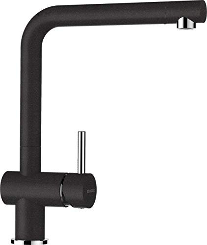 SCHOCK® Küchenarmatur Epos Onyx I Hochdruck Küchenarmatur mit Festauslauf I Schwenkbarer Einhebelmischer 360° I L-Auslauf für Spülbereich I Schwarze Küchenarmatur I Armatur mit flexiblem Anschluss