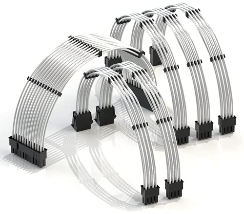 LINKUP - 30cm Prolunga Cavo PSU 18AWG Rame Senza Ossigeno Giacca in Teflon con Kit Pettine - Compatibile con RTX3090| 1x 24 P (20 + 4)| 2x 8 P (4 + 4) CPU| 3x 8 P (6 + 2) GPU| 300mm - Argento