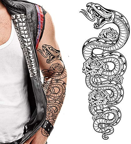 Tatodays temporäres tattoo mit vollem arm, schlangen-python-rosen, zum aufkleben, körperkunst-transfer für frauen und männer, cosplay, halloween, erwachsene, temporäres fake-tattoo, biker